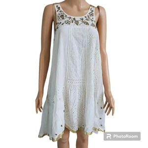 Anthropologie Leifnotes White Eyelet Gold Trim Beaded Sleeveless Dress Size 4